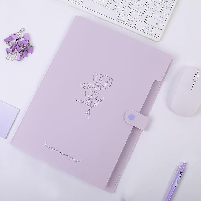 SKYDUE Expanding File Organizer with 5 Pockets, Accordion File Folders with Labels, Portable Document Paper Bill Receipt Organizer, Home College School Office Supplies, Letter Size, Lilac