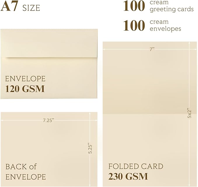 Cream Blank Cards and Envelopes, Goefun 5x7 Folded Ivory Cardstock and A7 Envelopes Self Seal 100 Pack for Wedding, Invitations, DIY Greeting Cardstock, Thank You Cards & All Occasion