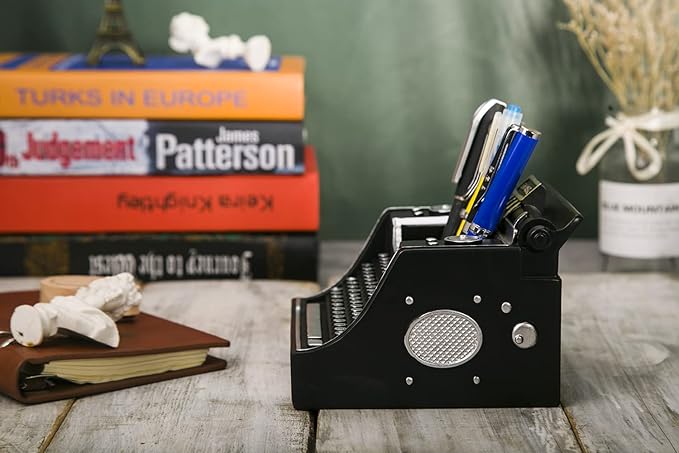 Retro Typewriter Pen Holder Vintage Desk Accssories Unique Cool Gifts for Writer Typewriter Lovers and Secretary Cute Funny Pencil Cups for Office Home School (Black)