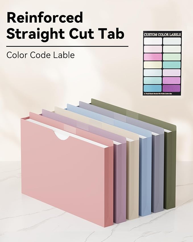 ANSOOK Plastic File Jackets,1" Legal Size Manilla Folders,12 Pack Expanding File Folder,Expansion Pocket,File Cabinet Folders,Reinforced Straight Cut Tab,Morandi Color Manila Folder for Office Home