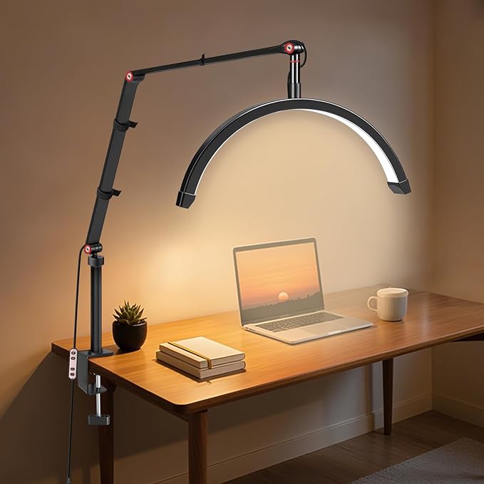 Professional LED Desk Lamp, Half Moon Light for Desk with Clip&Phone Holder, Esthetician Light with Adjustable 10-Level Dimming & 3 Color for Work,Office,Makeup,Nail Salon,Tattoo,Craft (Black)
