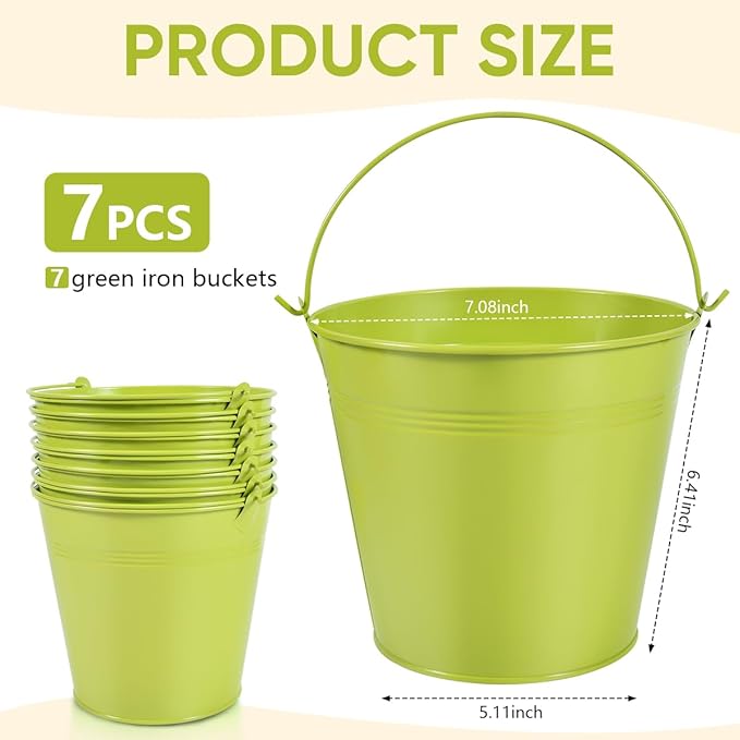 OBTANIM 7 Pack Green Metal Buckets with Handle Galvanized Ice Pails for Plants, Succulents, Party Favors Organizing, Rustic Home Decor or Classrooms Pencil Storage (7.1 x 5.2 inch)