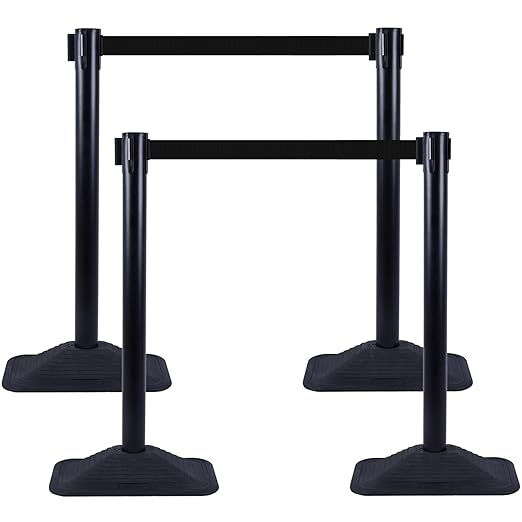 OangeStar 4-Pack Commercial Crowd Control Stanchions with 10ft Retractable Belt - Heavy Duty Queue Barriers for Events, Black Rubber Base Post for High Traffic Areas, Banks & Retail Stores