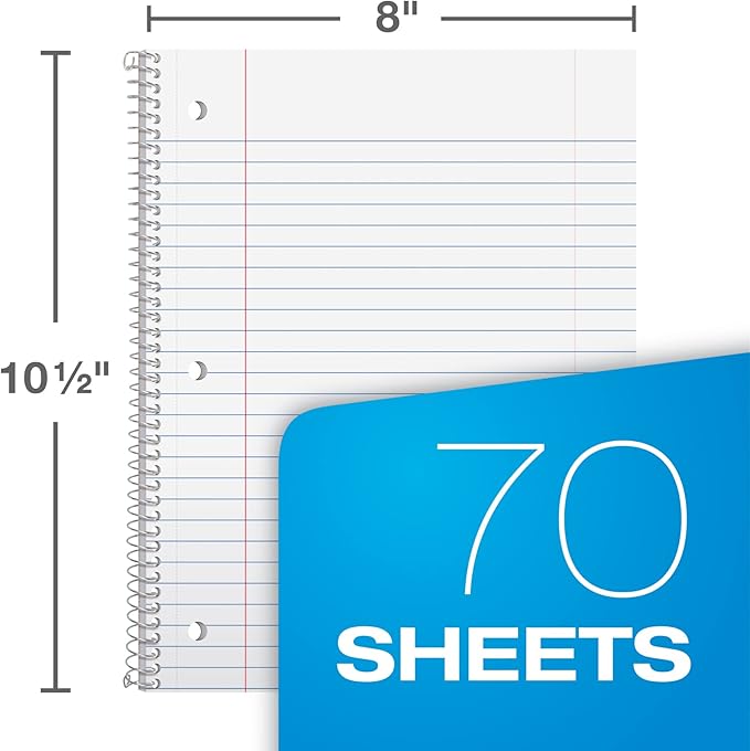 Oxford Spiral Notebook 6 Pack, Bulk Wide Ruled Spiral Notebooks for School, 1 Subject Journal, Wide Ruled Paper, 8 x 10-1/2 Inch, Blue, Yellow, Red, Light Blue, Green and Black, 70 Sheets (65010) (Pack of 4)