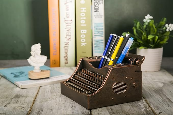 Retro Typewriter Pen Holder Vintage Desk Accssories Unique Cool Gifts for Writer Typewriter Lovers and Secretary Cute Funny Pencil Cups for Office Home School (Bronze)