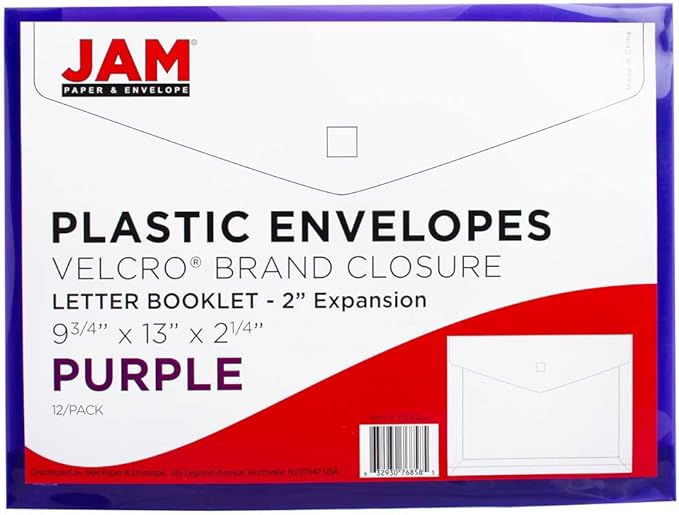 JAM PAPER Plastic Expansion Envelopes with Hook & Loop Closure - Letter Booklet - 9 3/4 x 13 with 2 Inch Expansion - Purple - 12/Pack