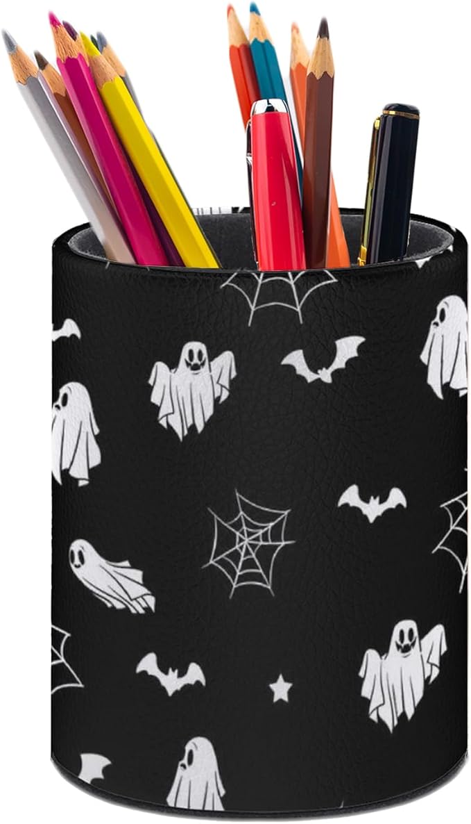 Halloween Spider Web Ghost Pen Holder Pencil Organizer Cute Pencil Cup Desk Decor Makeup Brush Holder PU Multifunctional Office Suppliesfor Home Classroom School