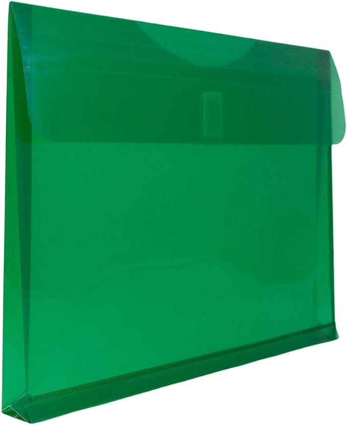 JAM PAPER Plastic Expansion Envelopes with Hook & Loop Closure - Letter Booklet - 9 3/4 x 13 with 1 Inch Expansion - Green - 12/Pack