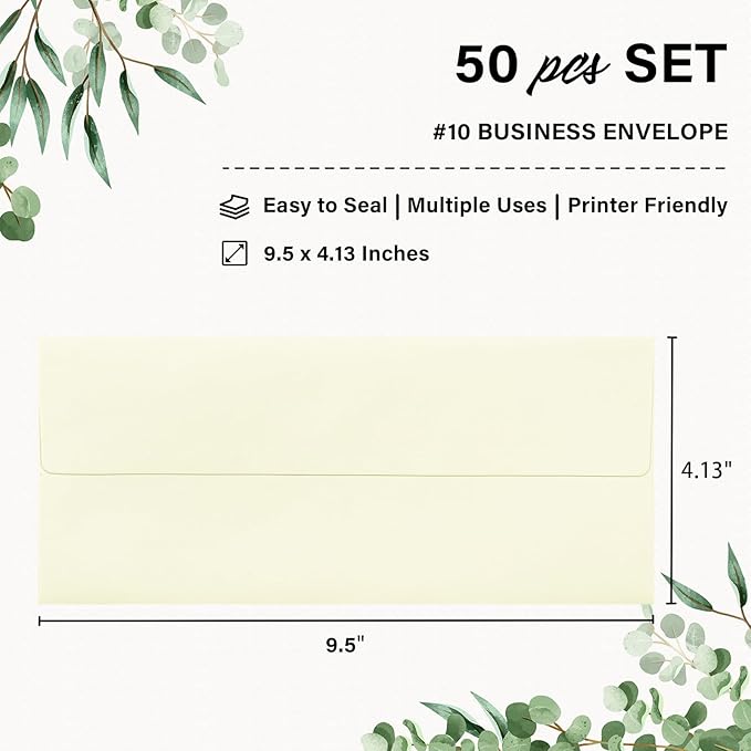50 Pack #10 Business Envelopes, Self Seal Standard Ivory Envelopes for Secure Business & Legal Mailing, Office, Checks, Letter, Invoices, 4 1/8 x 9 1/2 Inches