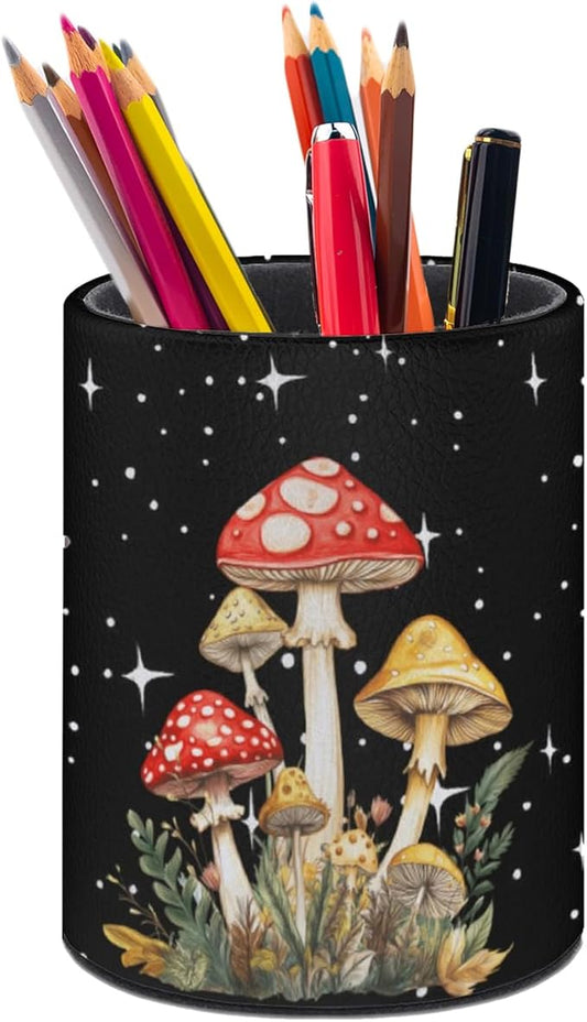 Mushroom Pen Holder Pencil Organizer Cute Pencil Cup Desk Decor Makeup Brush Holder PU Multifunctional Office Suppliesfor Home Classroom School