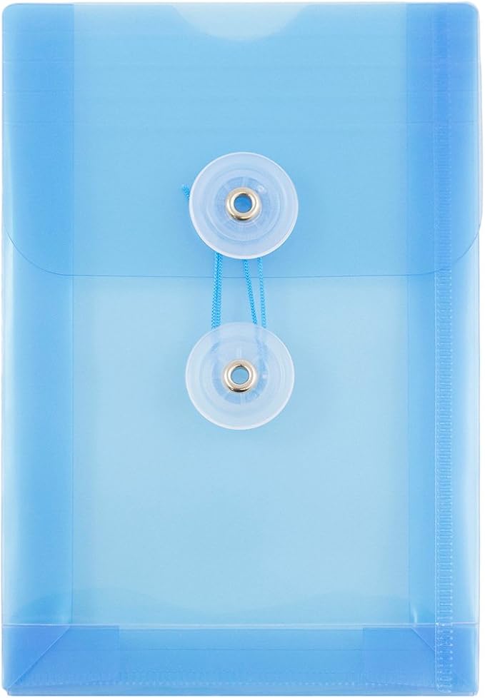 JAM PAPER Plastic Envelopes with Button & String Tie Closure - 4 1/4 x 6 1/4 - Blue - 12/Pack