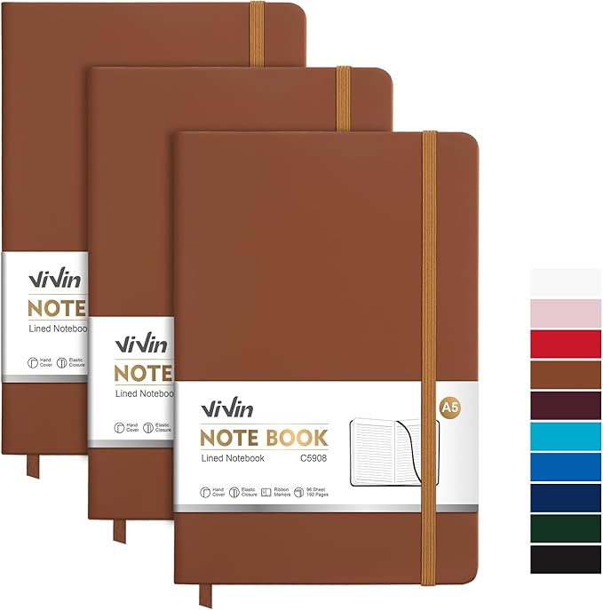 ViVin Lined Journal Notebooks, 3 Pack, Brown, 192 Pages, Medium 5.5 x 8.3 inch, College Ruled, A5 Hardcover Notebooks, Journaling Notebooks for Writing, Business, School