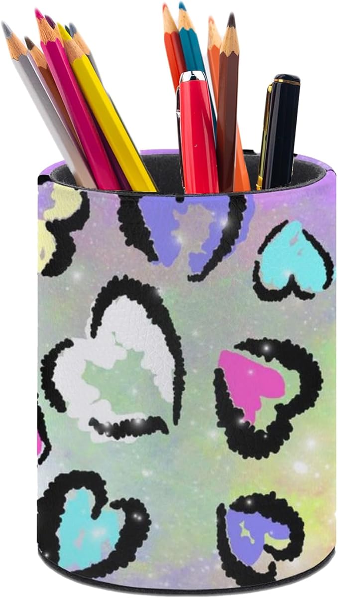 Leopard Heart Print Pen Holder Pencil Organizer Cute Pencil Cup Desk Decor Makeup Brush Holder PU Multifunctional Office Suppliesfor Home Classroom School