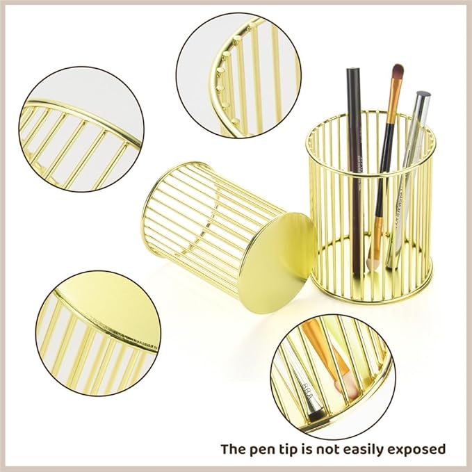 2 Pack Metal Pen Holder for Desk, Makeup Brushes Cup Holder, Pencil Holders, Pen cup, Home and Office Organizer, Gold