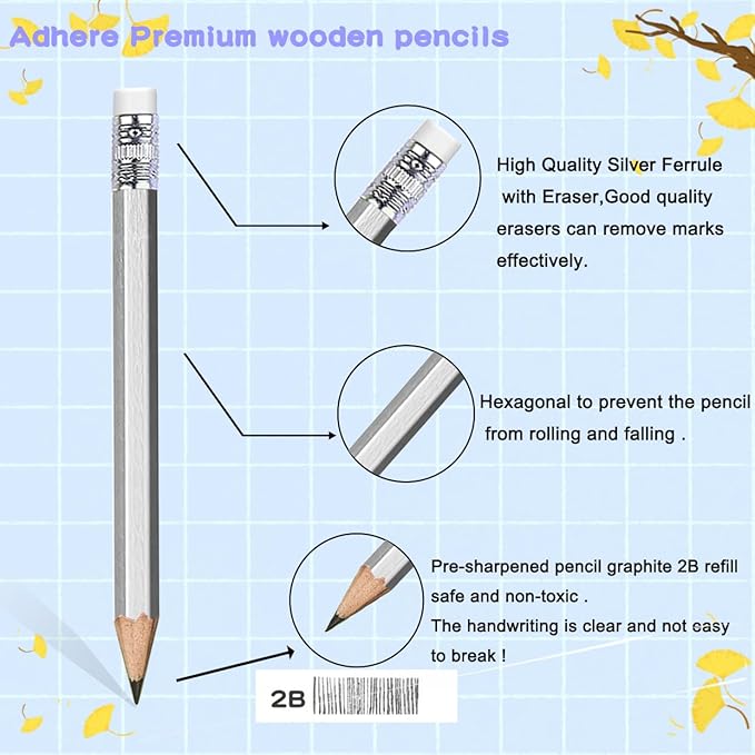 Adhere 25pcs Golf Pencils with eraser Hexagon Wooden Pencils Graphite 2B for Golf Event Scoring,Classroom,Wedding,Company Meetings,Pew, Pocket (Silver)