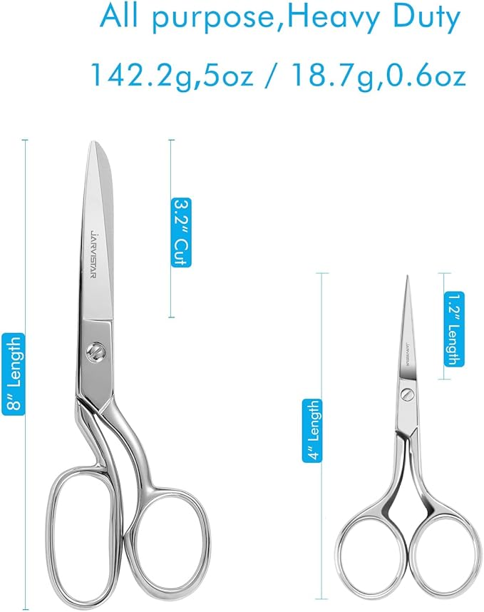 JARVISTAR 2 Pack Heavy Duty Fabric Scissors: Stainless Steel, Sharp Blades for Embroidery, Fabric Sewing, Leather Craft (4 & 8 inch)