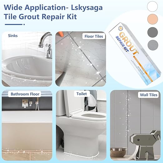 Lskysaga Tile Grout Repair Kit - Grout Filler, Grout Repair Paste with Silicone Trowel Scraper, Fast Drying Grout Repair Kit for Bathroom Shower Kitchen Floor Tile, Waterproof (17.64 oz, Gray)