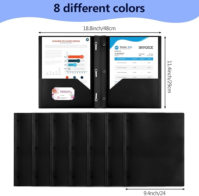 8 Pack Plastic Folders With 2 Pockets, Colorful Letter Size File Folders With Prongs and Business Card Slots for School Office