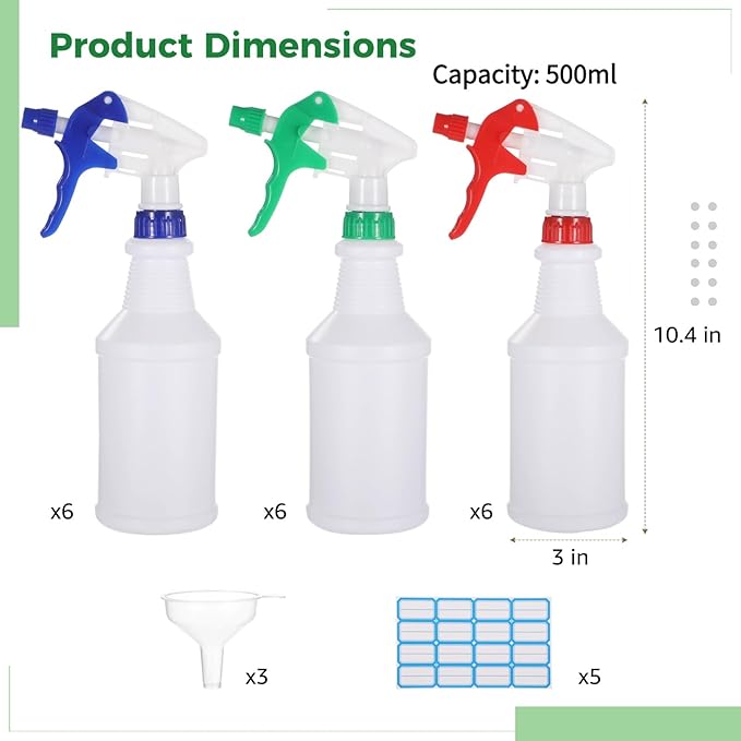 Lnrueg 18 PCS 16 oz Plastic Spray Bottles with 3 Funnels and 5 Stickers - PE Cleaning Gardening Spray Bottles with Adjustable Nozzles Red, Green, Blue