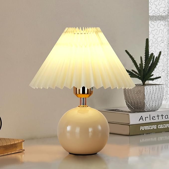 Bedside Table Lamp for Bedroom, Cute Small Pleated Lamps for Nightstand, Modern Circular Ceramic Night stand Lamps, Night Light, Decor Desk Lamp for Living Room Kids Room Dorm Office With E26 LED Bulb