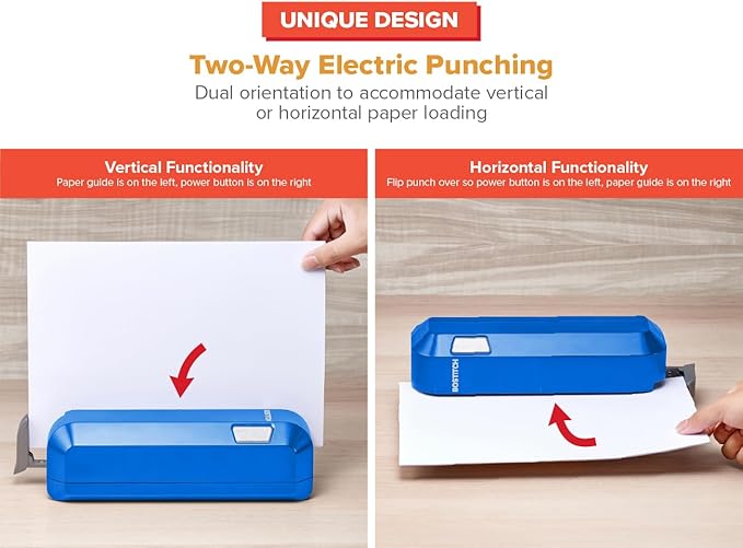 Bostitch Office Electric 3-Hole Punch, Dual Paper Loading, Heavy Duty, Jam-Free 20 Sheet Capacity, AC Adapter or Battery Powered, Space Saving, Blue, (EHP20-BLUE)