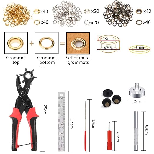 Leather Hole Punch Tool for Belt - Multi Hole Sizes Puncher for Belts, Watch Bands, Straps, Dog Collars, Saddles, Shoes, Fabric, DIY Home or Craft Projects - with 5/32" Grommet Eyelet Kit 100 Sets