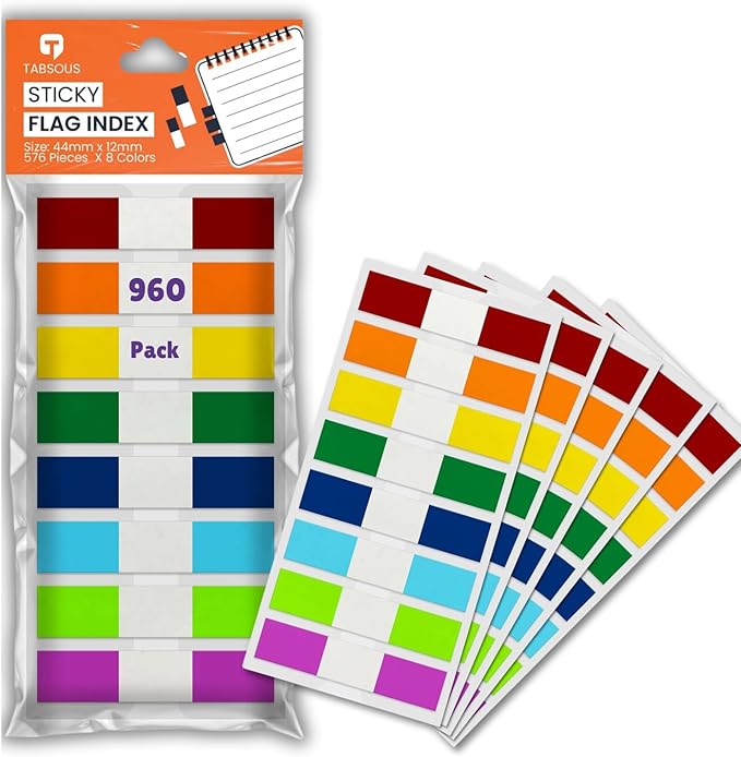 Tabsous 960 Sticky Tabs - Repositionable, Writable Index Tabs & Page Flags for Books, Files, and Notes - Transparent Colored Markers for Organizing, Highlighting, Classifying Documents (08 Colors)
