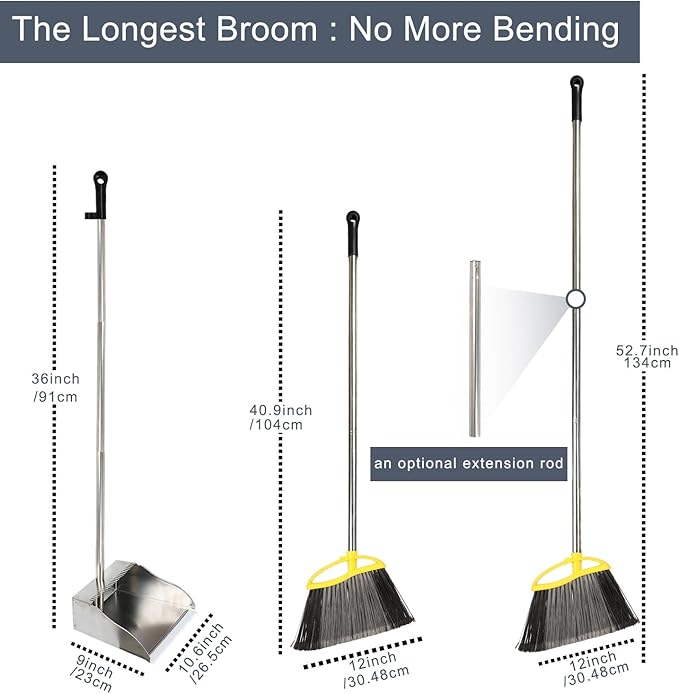 GLOHOO Broom and Dustpan Set, Outdoor Heavy Duty Broom with Stainless Steel Dustpan,Stiff Bristles Broom and Metal Dust Pan for Home