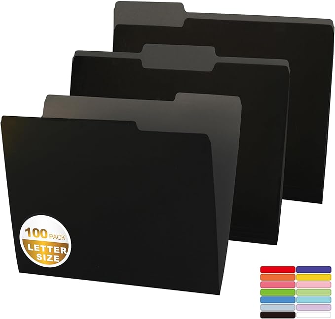 100 Packs Colored File Folders,Black File Folders,Two Tone Color File Folder 8.5 x 11 Inch,1/3 Cut Tabs Letter Size,Manila File Folders for Office,School and Home,Organization