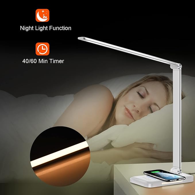 AFROG 8-in-1 4th Gen Multifunctional LED Desk Lamp with 10W Fast Wireless Charger,USB Charging Port,1200Lux Super Bright,5 Lighting Mode,7 Brightness，40 Min Timer,Night Light Function,5000K