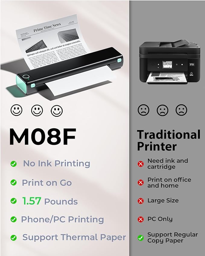 Phomemo Portable Printers Wireless for Travel, M08F Inkless Thermal Printer Support for 8.5"x11" US Letter, Small Bluetooth Printer Compatible with Phone, Laptop for Car, Office, Home Use, School