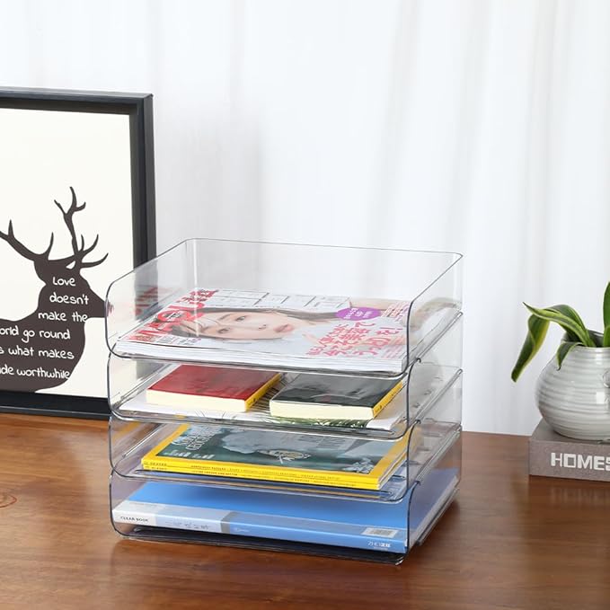 4 Tier Stackable A4 Paper Trays, Office Desk File Holder, Tidy File Document Letter Book Paper Organizer (4 Tiers,Clear)