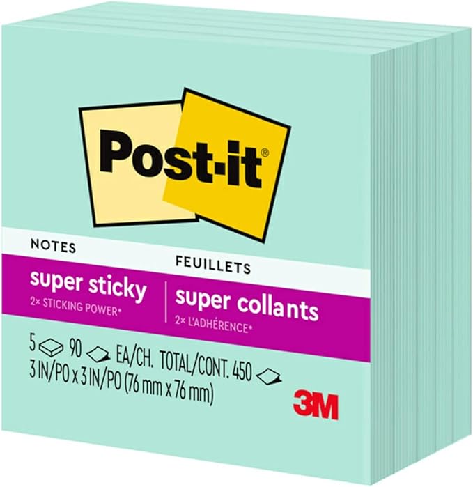 Post-it Super Sticky Notes, 5 Sticky Note Pads, 3 x 3 in., School Supplies, Office Products, Sticky Notes for Vertical Surfaces, Monitors, Walls and Windows, Fresh Mint