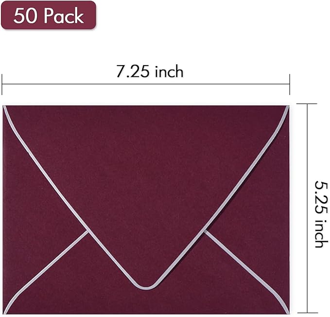 A7 Burgundy Envelopes 5 x 7 With Silver Border - V flap, Quick Self Seal, | Perfect for 5x7 Cards, Weddings, Invitations, Graduation, Baby Shower | 5.25" x 7.25" | 50 Pack (Burgundy-Silver Border)
