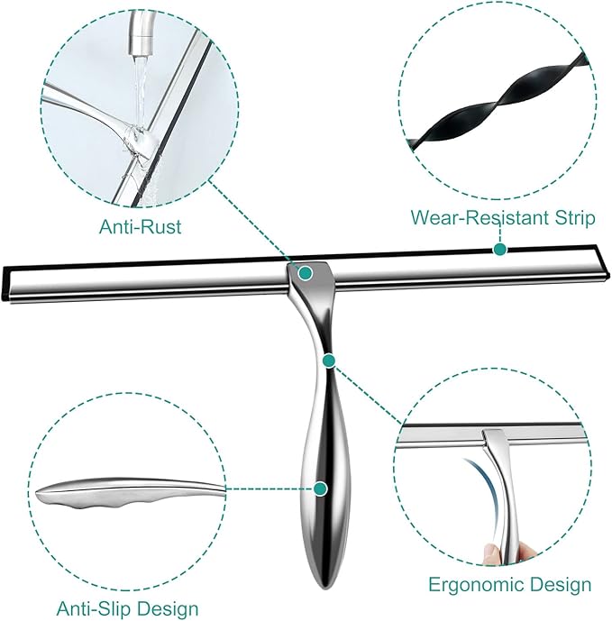 steauty Shower Squeegee for Glass Doors,10-Inch Shower Glass Squeegee, Sliver Shower Squeegee for Shower Doors,Mirror,Windows, with Shower Door Hook and Adhesive Hook