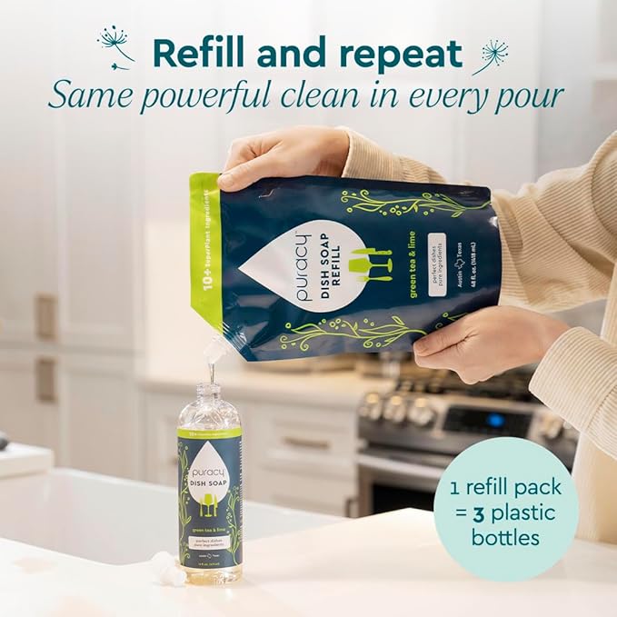 Puracy Natural Dish Soap Packs- Skin-Softening Plant-Based Dishwashing Soap, Non-Toxic Dish Soap, Organic Liquid Dishwashing Detergent Soap (Green Tea & Lime, 16 fl oz, 3 Pack)