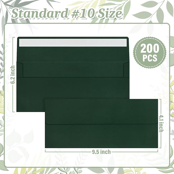 200 Dark Green #10 Business Envelopes, Self Seal Standard Envelopes, Windowless Business Mailing Envelopes for Office, Checks, Letters, Invoices, Statements, Wedding, 4-1/8 x 9-1/2 inch