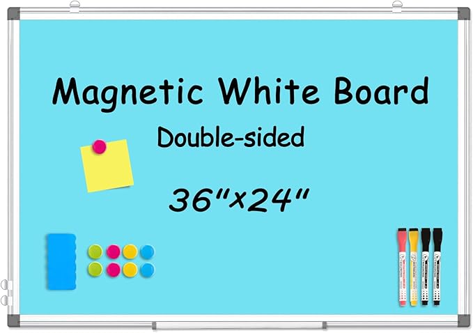 WALGLASS Magnetic Whiteboard 36"x24" Dry Erase White Board for Walls with Pen Tray, Aluminium Frame and Dry-Wipe Writing Surface for Kids' Drawing, Home, and Office (Blue)