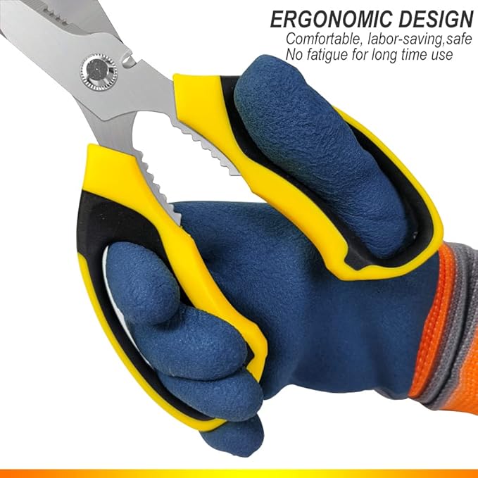 Heavy Duty 8'' Multipurpose Scissors with Protective Cover, Stainless Steel Serrated Blades, Easy Cutting Cardboard, Leather, Fabric, Wires, Nutcracker, Yellow