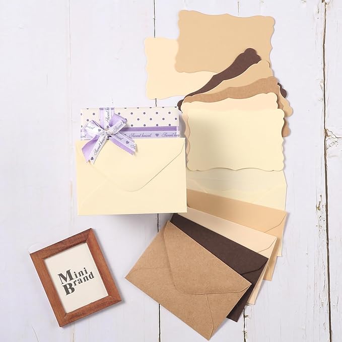 100 Pack Mini Envelopes with Note Cards in 5 Colors for Wedding, Birthday, Baby Showers, 4 x 2.7 Inches (Brown)