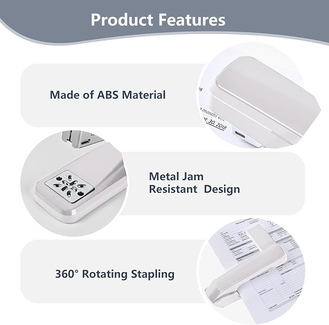 MJMX 360° Rotating Swing-Arm Stapler, 25-Sheet Capacity, with 1000 Staples, 8-Position Lock, ABS Durable Design, for Office/Home/School (White)