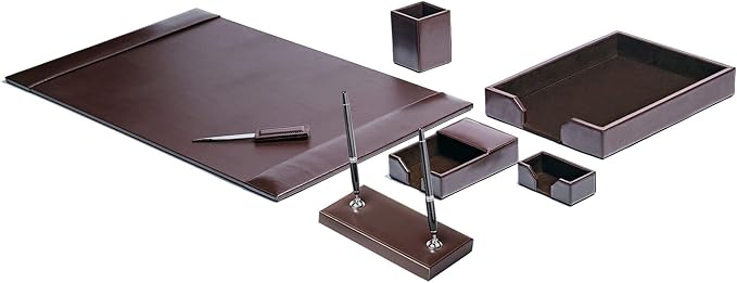 Dacasso Bonded Set Luxury Leather Desk Pad & Desk Organization Essentials, 7 Piece, Dark Brown