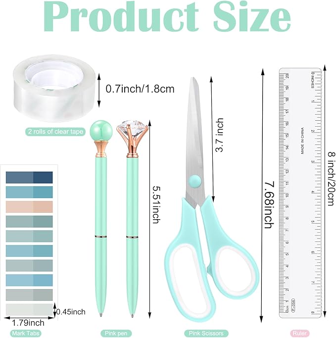 13 in 1 Green Office Supplies, Teal Desk Accessories Teal Office Supplies and Tape Dispenser, Hole Punch, Staple Remover, Stapler, 1000 Staple, Clip, Ruler, Scissor, Tab, Tape, Pen