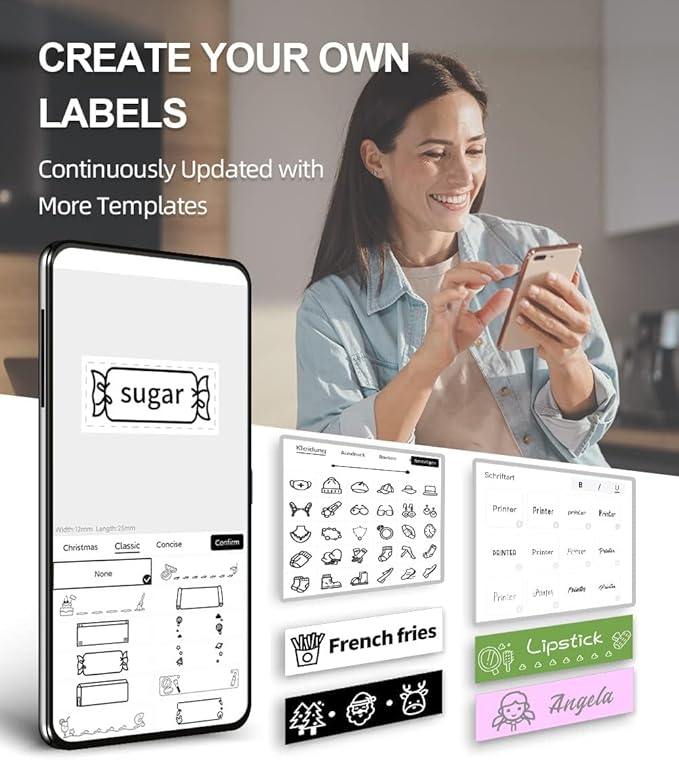 Phomemo P12 Label Maker Machine with Tape, Bluetooth Small Thermal Label Printer with Multiple Templates Mini Label Maker for Home, Kitchen, Organization, Office, Black