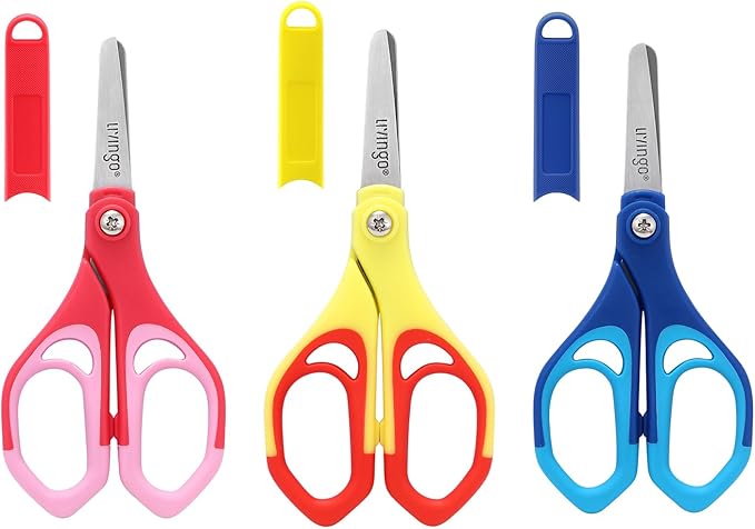 LIVINGO 5" Blunt Kid Scissors: Stainless Safety Toddler Preschool Children Scissors, School for Student Classroom Craft Art, Assorted Color, 3 Pack