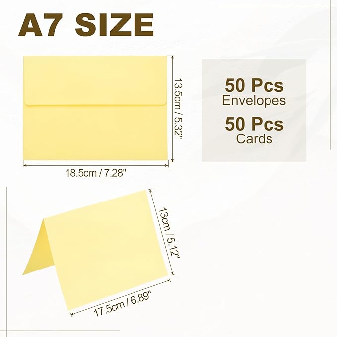 PATIKIL 50Pack Light Yellow 5x7 Blank Cards and Envelopes, Self Seal A7 Envelopes with Folded Cardstock Small for Greeting Cards Wedding Greeting Birthday Invitations Letter Mailing