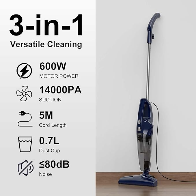 Sancorp Corded Stick Vacuum Cleaner, 3-in-1 Detachable to Handheld with 180°Left-Right Steering, 14KPA Powerful Suction for Pet Hair on Hard Floors, HEPA Filter, Lightweight with 16.4ft Long Cord