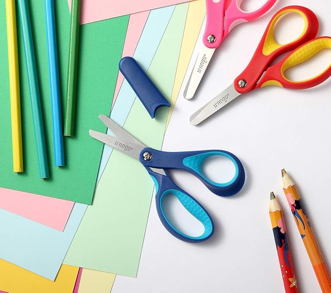 LIVINGO 5" Small School Student Blunt Kids Craft Scissors, Sharp Stainless Steel Blades Safety Comfort Grip for Children Cutting Paper, Assorted Color, 3 Pack