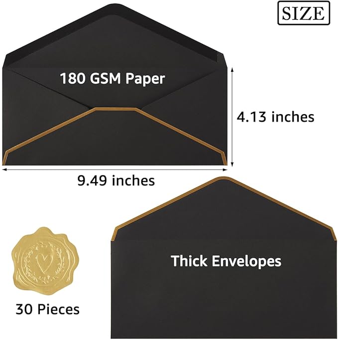30 Pack Thick #10 Business Envelopes with Gold Border, 4 1/8 x 9 1/2 Thick Paper Standard Envelopes with Stickers for Office, Checks, Letter Mailing, Invoices (Black)