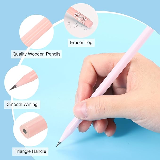 PATIKIL Round Pencils, 24 Pcs Triangle HB Graphite Pencil Wooden Pencils with Eraser for Classroom Office Writing Drawing Supplies, Pink